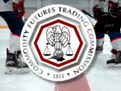 CFTC NHL agreement expands oversight protecting hockey prediction markets Commodity Futures Trading Commission logo displayed over hockey players on ice rink during NHL sports prediction market integrity agreement announcement