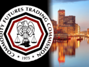 Federal agencies seek injunction against Rhode Island event contract restrictions Commodity Futures Trading Commission (CFTC) logo beside the Providence, Rhode Island skyline, illustrating the federal agency’s legal challenge over prediction markets, Kalshi event contracts, and state gambling law enforcement.