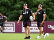 Hunt’s on the prowl for another contract as veteran star confirms Broncos spine shake-up BRISBANE, AUSTRALIA - MARCH 12: Coach Michael Maguire and Assistant Coach Trent Barrett are seen during the Brisbane Broncos NRL training session at Clive Berghofer Centre Field on March 12, 2025 in Brisbane, Australia. (Photo by Bradley Kanaris/Getty Images)