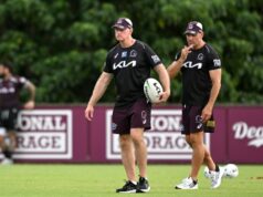 Hunt’s on the prowl for another contract as veteran star confirms Broncos spine shake-up BRISBANE, AUSTRALIA - MARCH 12: Coach Michael Maguire and Assistant Coach Trent Barrett are seen during the Brisbane Broncos NRL training session at Clive Berghofer Centre Field on March 12, 2025 in Brisbane, Australia. (Photo by Bradley Kanaris/Getty Images)