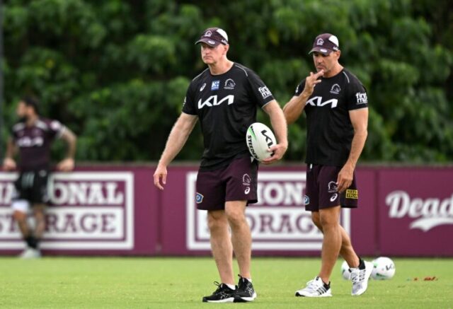 BRISBANE, AUSTRALIA - MARCH 12: Coach Michael Maguire and Assistant Coach Trent Barrett are seen during the Brisbane Broncos NRL training session at Clive Berghofer Centre Field on March 12, 2025 in Brisbane, Australia. (Photo by Bradley Kanaris/Getty Images)