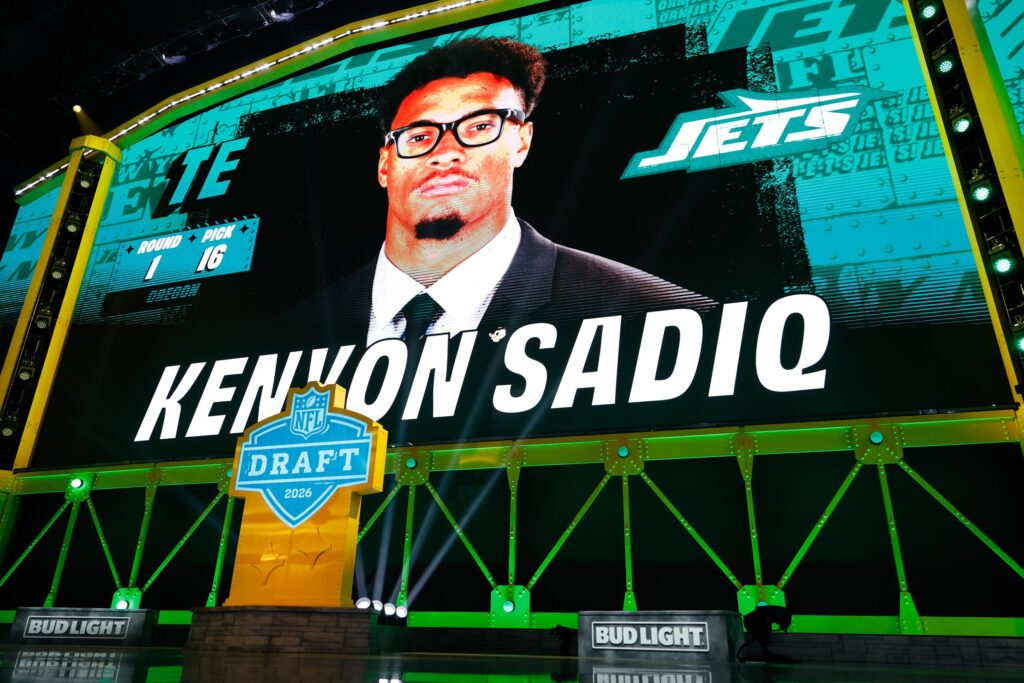 PITTSBURGH, PENNSYLVANIA - APRIL 23: A screen shows Kenyon Sadiq of Oregon after being selected 16th overall by the New York Jets during Round One of the 2026 NFL Draft at Acrisure Stadium on April 23, 2026 in Pittsburgh, Pennsylvania. (Photo by Lauren Leigh Bacho/Getty Images)
