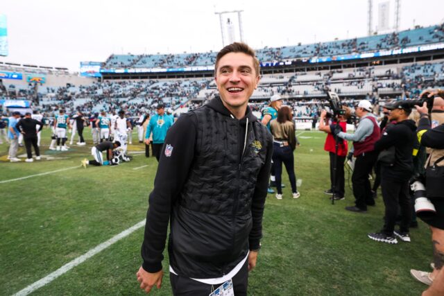 JACKSONVILLE, FLORIDA - JANUARY 4: General manager James Gladstone of the Jacksonville Jaguars celebrates after an NFL 2025 game against the Tennessee Titans at Everbank Stadium on January 4, 2026 in Jacksonville, Florida. (Photo by Logan Bowles/Getty Images)