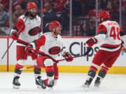NHL Stanley Cup Playoffs: Conference primer as the race for the cup gets real MONTREAL, CANADA - MAY 25: Andrei Svechnikov #37 of the Carolina Hurricanes celebrates with Jordan Martinook #48 and Jalen Chatfield #5 after scoring the game-winning goal against the Montréal Canadiens during overtime in Game Three of the Eastern Conference Final of the 2026 Stanley Cup Playoffs at Bell Centre on May 25, 2026 in Montreal, Quebec, Canada. (Photo by Bruce Bennett/Getty Images)