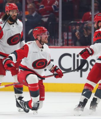 NHL Stanley Cup Playoffs: Conference primer as the race for the cup gets real MONTREAL, CANADA - MAY 25: Andrei Svechnikov #37 of the Carolina Hurricanes celebrates with Jordan Martinook #48 and Jalen Chatfield #5 after scoring the game-winning goal against the Montréal Canadiens during overtime in Game Three of the Eastern Conference Final of the 2026 Stanley Cup Playoffs at Bell Centre on May 25, 2026 in Montreal, Quebec, Canada. (Photo by Bruce Bennett/Getty Images)