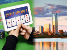 Oklahoma lawmakers override veto expanding criminal ban against online sweepstakes gambling Online casino sweepstakes gambling on tablet beside Oklahoma City skyline after Oklahoma lawmakers expanded gambling restrictions and banned online casino operations.