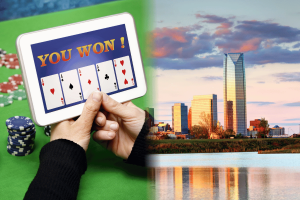 Oklahoma lawmakers override veto expanding criminal ban against online sweepstakes Online casino sweepstakes gambling on tablet beside Oklahoma City skyline after Oklahoma lawmakers expanded gambling restrictions and banned online casino operations.