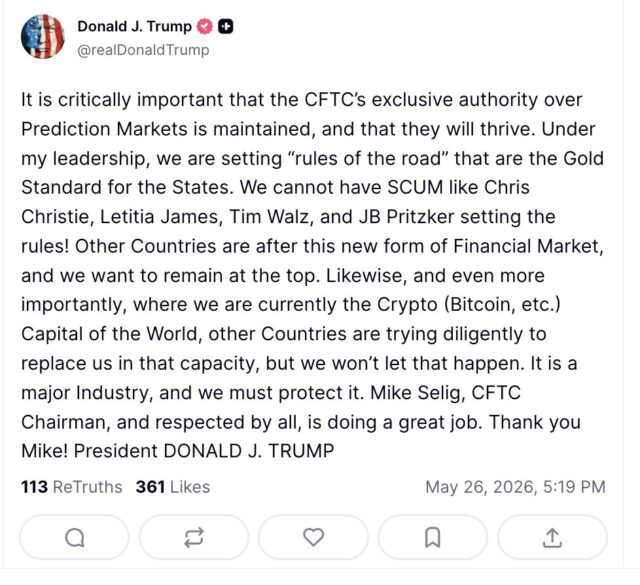 Trump calls upon CFTC to protect prediction markets - 'It’s Prediction markets Trump