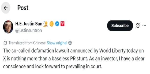 Justin sun response on WLFI lawsuit