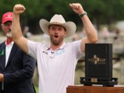 Wyndham Clark final round 60 to win CJ CUP on PGA Tour MCKINNEY, TEXAS - MAY 24: Wyndham Clark of the United States celebrates during the trophy ceremony after winning THE CJ CUP Byron Nelson 2026 at TPC Craig Ranch on May 24, 2026 in McKinney, Texas. (Photo by Sam Hodde/Getty Images)