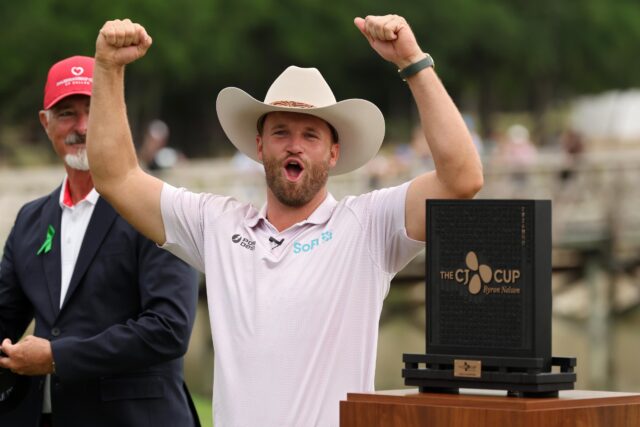 Wyndham Clark final round 60 to win CJ CUP on MCKINNEY, TEXAS - MAY 24: Wyndham Clark of the United States celebrates during the trophy ceremony after winning THE CJ CUP Byron Nelson 2026 at TPC Craig Ranch on May 24, 2026 in McKinney, Texas. (Photo by Sam Hodde/Getty Images)