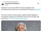 Lagarde Says Stablecoins Will Not Strengthen Euro’s Global Role