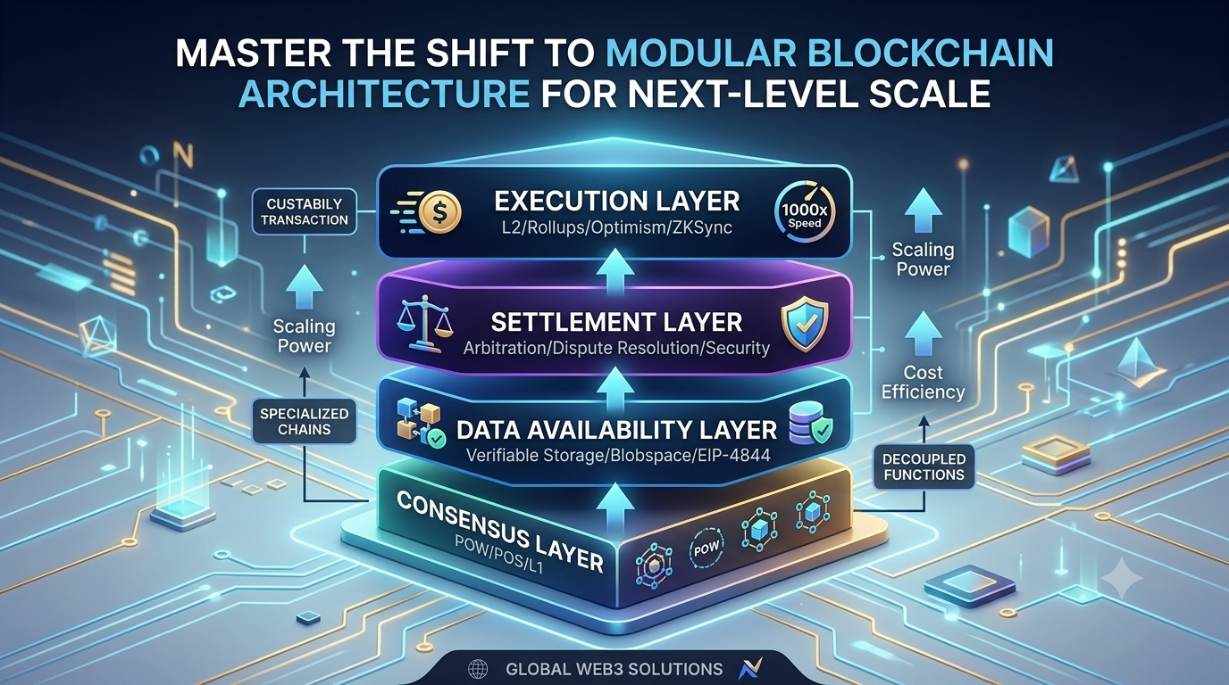 1000131034 Diagram showcasing a modular blockchain architecture separating the execution, settlement, data availability, and consensus layers.