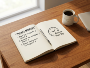 Simple Productivity Hacks to Reclaim Your Day and Reduce Stress low-friction workspace with a clean desk, a handwritten daily list, and an intentional hand rearranging items, representing simple productivity hacks to reduce stress and reclaim your day.