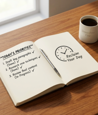 Simple Productivity Hacks to Reclaim Your Day and Reduce Stress low-friction workspace with a clean desk, a handwritten daily list, and an intentional hand rearranging items, representing simple productivity hacks to reduce stress and reclaim your day.