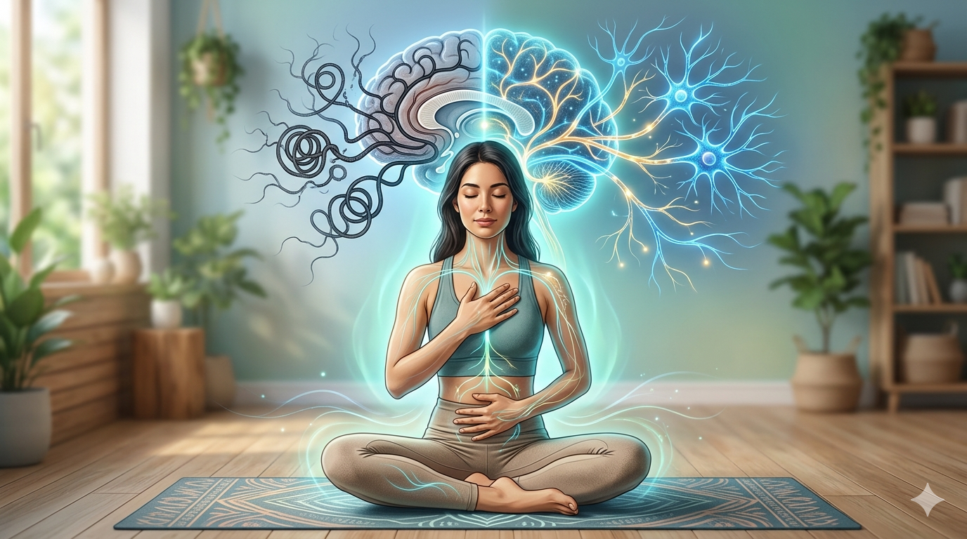 A person practicing gentle somatic exercises for stress relief on a yoga mat in a calm room