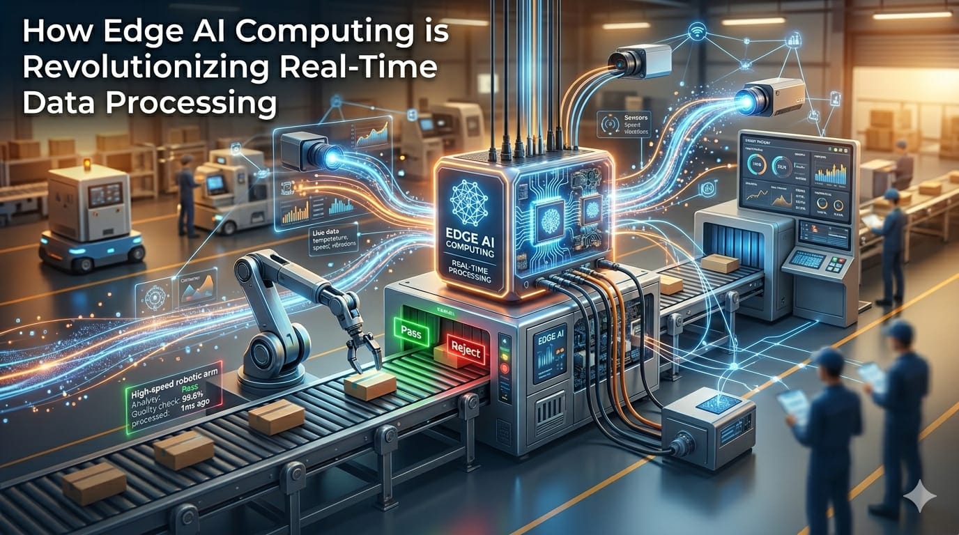 A futuristic smart factory showing local edge AI computing data processing