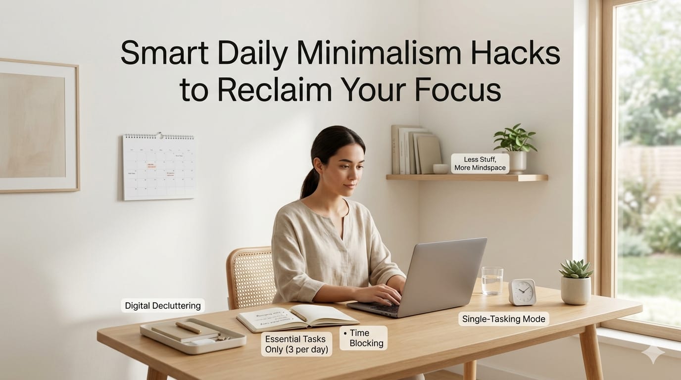 A clean and organized minimalist workspace showcasing smart daily minimalism hacks for focus