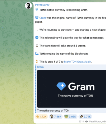 TON rallies after Pavel Durov announces Toncoin rebrand to Gram Pavel Durov announcing Gram